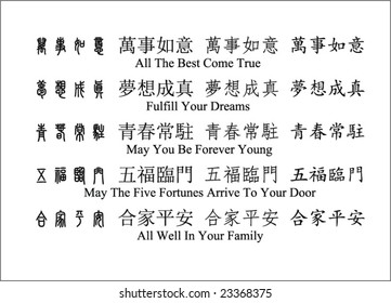 Chinese (New Year) wishes with English translation in 4 styles. First Style is the ancient Chinese calligraphy style