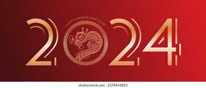 Chinese New Year of the Wooden Dragon. Bright vector vintage banner with gold Antique pattern, Asian style. Bright vector banner. red background. Vintage font 2024. for poster, flyer.