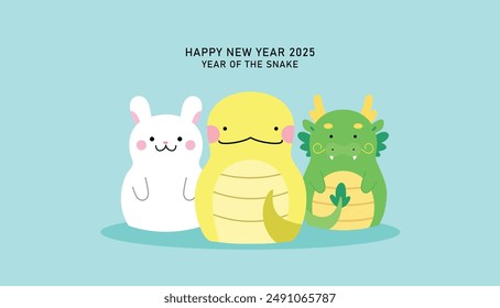 Chinese new year zodiac animals set rabbit snake dragon. Happy new year of the snake 2025 card with cute cartoon characters.