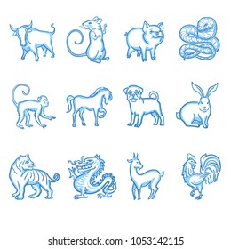 Chinese New Year zodiac Calendar signs. Ox, mouse or rat, pig, snake, monkey, horse, dog, rabbit, tiger, dragon, goat, rooster. Sketch icons set. Stock vector illustration.