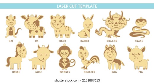 Chinese New Year Zodiac Collection. Template for laser cut and engrave. Rat, ox, tiger, rabbit, dragon, snake, horse, goat, monkey, rooster, dog and pig. Vector illustrations in simple style. 