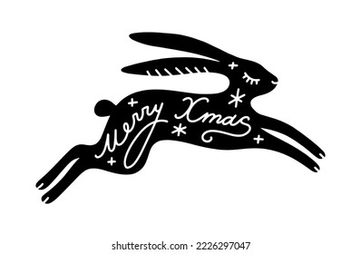 El diseño de la silueta de conejo negro lindo zodiac chino de Año Nuevo. Dibujando mano adorable Noel baby liare con letras ornamentadas ilustración de caligrafía aislada en fondo blanco. Vector