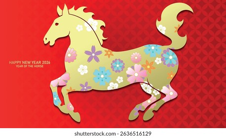 Chinese new year zodiac horse with spring flowers pattern. Golden zodiac horse silhouette with floral pattern on red background.