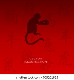 Chinese New Year zodiac monkey animal vector silhouette and symbols 