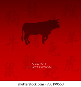 Chinese New Year zodiac ox animal vector silhouette and symbols 