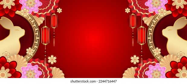 Chinese New year zodiac rabbit. Gold rabbit, flower, Chinese fan, Chinese lantern paper cut style. Red, pink and gold color background for banner, poster, website, ads. Vector illustration EPS10.
