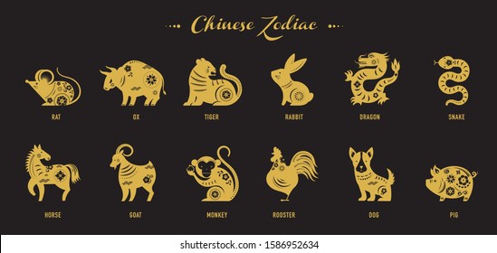 Chinese new year, zodiac signs, papercut icons and symbols. Vector illustrations