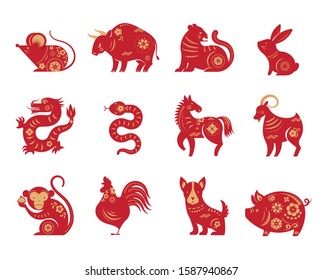 Chinese new year, zodiac signs, papercut icons and symbols. Vector illustrations