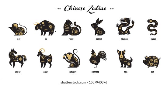 Chinese new year, zodiac signs, papercut icons and symbols. Vector illustrations