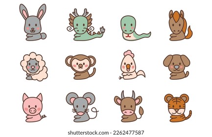 Chinese new year, zodiac signs icons and symbols. Vector illustration. Cartoon Chinese Zodiac Animals Icon. Rat, Ox, Tiger, Rabbit, Dragon, Snake, Horse, Sheep, Monkey, Rooster, Dog, Pig svg