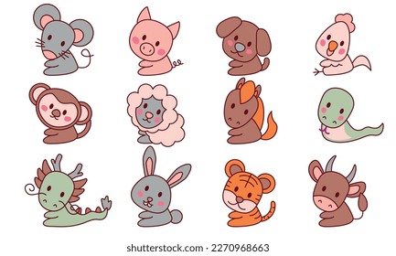 Chinese new year, zodiac signs icons and symbols. Vector illustration. Cartoon Chinese Zodiac Animals Icon. Rat, Ox, Tiger, Rabbit, Dragon, Snake, Horse, Sheep, Monkey, Rooster, Dog, Pig