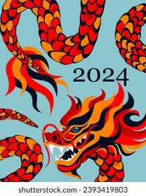 Chinese New Year.2024 is the year of the Dragon.Dragon background.Happy New Year.Vector illustration.
