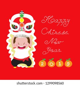 Chinese new year.Happy new year.Asian kid with lion dance cartoon.Vector illustration.Cute character design. Using as greeting card,banner or poster.