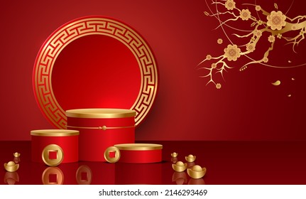 Chinese new year,Podium and background,Chinese Festivals,  Mid Autumn Festival , flower and asian elements on background.