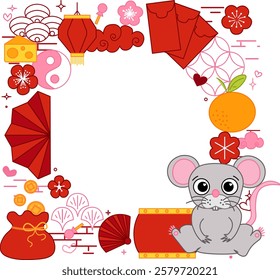 Chinese New Year's 2032 rat mouse round circle frame template in square. Vector graphic illustration with traditional elements on transparent background. CNY lunar new year, lantern festival mascot
