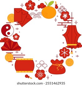 Chinese New Year's round circle frame template. Vector graphic illustration with traditional elements lantern orange, red envelope, coin, drum, flower on transparent background
