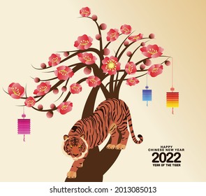 Chinese new year's Tiger lantern decoration for blossom spring festival. Happy chinese new year 2022, year of the Tiger