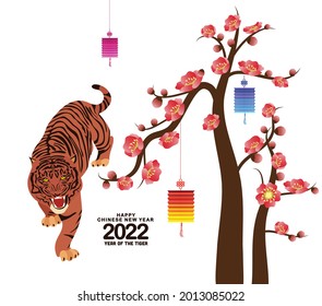 Chinese new year's Tiger lantern decoration for blossom spring festival. Happy chinese new year 2022, year of the Tiger
