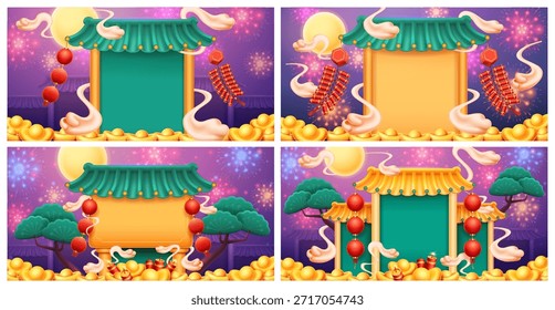 Chinese night landscapes set. Vector castle with lanterns, fireworks and golden bars, bright moon and pine trees. Prosperity and success, wealth and good fortune in Lunar New Year culture
