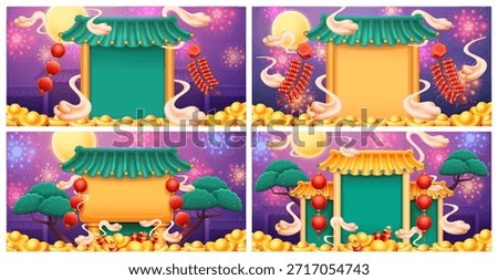 Chinese night landscapes set. Vector castle with lanterns, fireworks and golden bars, bright moon and pine trees. Prosperity and success, wealth and good fortune in Lunar New Year culture