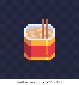 Chinese noodle soup and chopsticks. Asian Food Logo. Pixel art icon. Sticker design. 8-bit sprite. Isolated vector illustration.