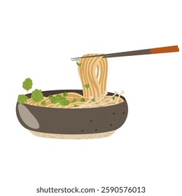 Chinese noodle soup vector hand drawn illustration with traditional Chinese food in a bowl with chopsticks. Simple icon for print, design, logotype, sticker