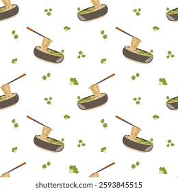 Chinese noodle soup vector seamless pattern. Hand drawn illustration with traditional Chinese food in a bowl with chopsticks. Simple background for print, design, textile, decor