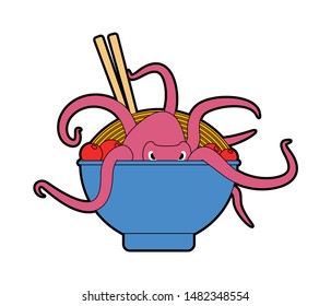 Chinese noodle with squid. Soup with octopus