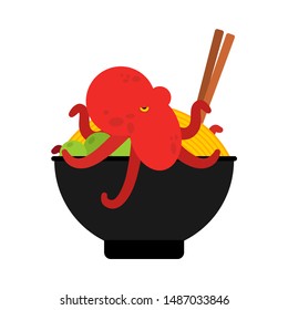 Chinese noodle with squid. Soup with octopus