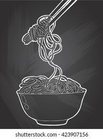 Chinese Noodles, Asian food icon . Vector icon.Bowl of noodles with a pair of chopsticks icon thin line . Vector white contour icon on  on chalkboard background.