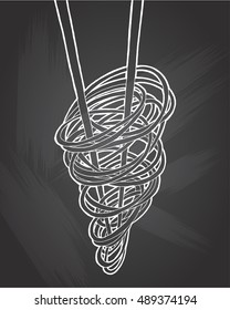 Chinese Noodles, Asian food icon . Vector icon.Bowl of noodles with a pair of chopsticks icon thin line . Vector white contour icon on on chalkboard background.