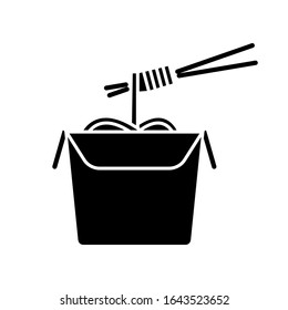 Chinese noodles black glyph icon. Wok cafe food cardboard box with chopsticks. Japanese spaghetti takeout. Take away meal paper package. Silhouette symbol on white space. Vector isolated illustration