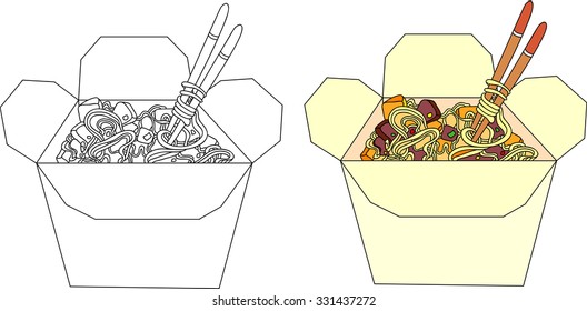 Chinese noodles in a box. Coloring book for kids about food. Vector illustration