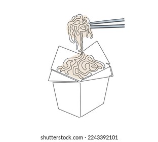 chinese noodles in a box, hand-drawn, continuous mono line, one line art