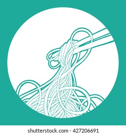 Chinese Noodles and chopsticks, Asian food icon . Vector round colorful icon.Mint color emblem for noodle bar