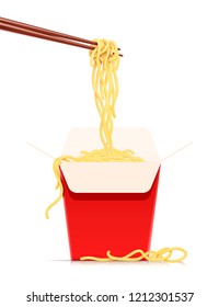 Chinese Noodles At Chopsticks. Fast-food Meal Box. Noodle Product. Spaghetti In Paper Conainer. Lunch Case With Pasta. Isolated White Background. EPS10 Vector Illustration.