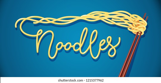 Chinese noodles at chopsticks. Fast-food meal. Noodle product. Spaghetti in paper conainer. Lunch case with pasta. Blue background. EPS10 vector illustration.