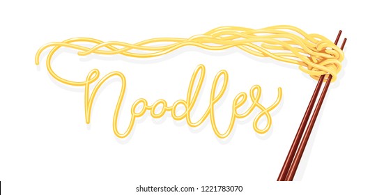 Chinese Noodles At Chopsticks. Fast-food Meal. Noodle Product. Spaghetti In Paper Conainer. Lunch Case With Pasta. Isolated White Background. EPS10 Vector Illustration.