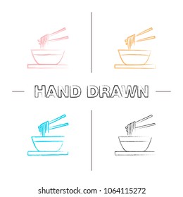 Chinese noodles with chopsticks hand drawn icons set. Ramen. Spaghetti in bowl. Color brush stroke. Isolated vector sketchy illustrations