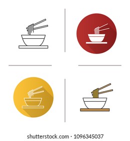 Chinese noodles with chopsticks icon. Ramen. Spaghetti in bowl. Flat design, linear and color styles. Isolated vector illustrations