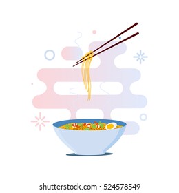 Chinese noodles and chopsticks vector illustration. Bowl of pasta with shrimps, eggs and parsley on white background.

