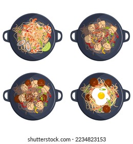 Chinese noodles with different fillings in wok pan.