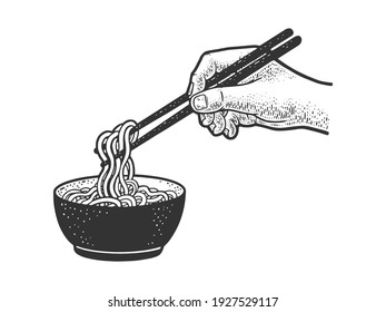 Chinese noodles are eaten with chopsticks sketch engraving vector illustration. T-shirt apparel print design. Scratch board imitation. Black and white hand drawn image.
