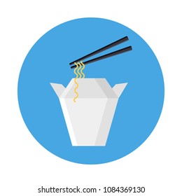 Chinese noodles flat icon with long shadow isolated on blue background. Simple noodles in flat style. Chinese food vector illustration. Opened take out box with a pair of chopsticks.