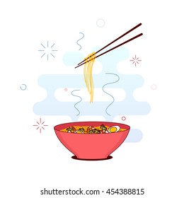 Chinese noodles and hovering chopsticks made in trendy line style. Bowl of pasta with shrimps, eggs and parsley. South East Asian cuisine. Vector illustration.