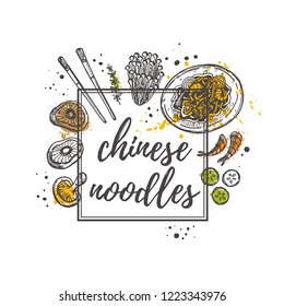 Chinese noodles. National chinese cuisine concept design. Sweet and sour. Asian oriental food. Hand drawn vector illustration. Can be used for cafe, market, menu, shop, bar, restaurant, poster, label.