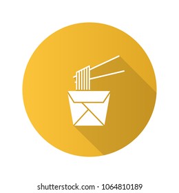 Chinese noodles in paper box and chopsticks flat design long shadow glyph icon. Wok noodles. Vector silhouette illustration