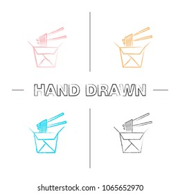 Chinese noodles in paper box and chopsticks hand drawn icons set. Wok noodles. Color brush stroke. Isolated vector sketchy illustrations