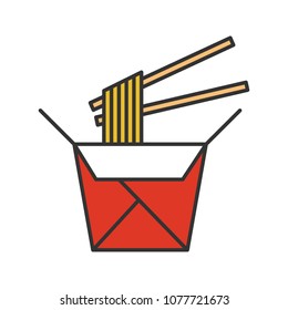 Chinese noodles in paper box and chopsticks color icon. Wok noodles. Isolated vector illustration