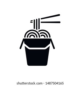 Chinese noodles in paper box and chopsticks glyph icon. Wok noodles. Silhouette symbol. Negative space. Vector isolated illustration
